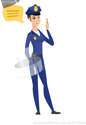 Image of Young caucasian policewoman with speech bubble.