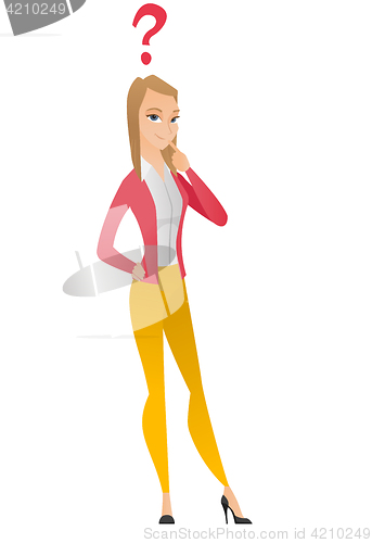 Image of Thinking business woman with question mark.