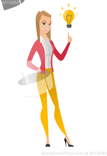 Image of Business woman pointing at business idea bulb.
