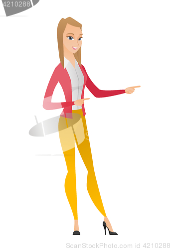 Image of Caucasian business woman pointing to the side.