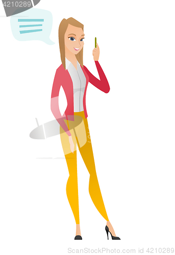 Image of Young caucasian business woman with speech bubble.