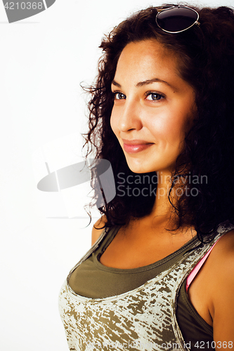 Image of young pretty stylish hipster girl posing emotional isolated on white background happy smiling cool smile, lifestyle people concept 