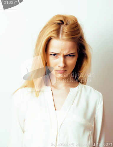 Image of young blond woman on white backgroung gesture thumbs up, isolate