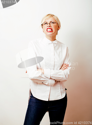Image of very emotional businesswoman in glasses, blond hair on white bac