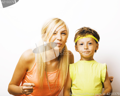 Image of funny mother and son with bubble gum