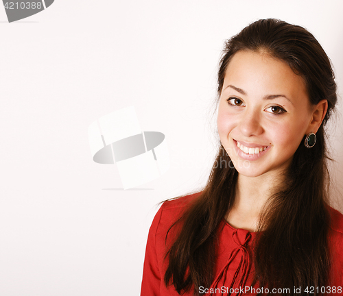 Image of young pretty brunette woman smiling happy on white background, l