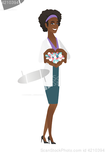 Image of Pharmacist giving pills and glass of water.