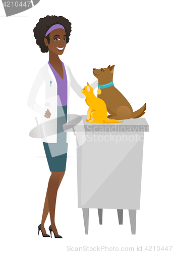 Image of Veterinarian examining pets vector illustration.