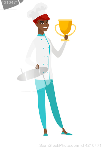 Image of African-american chef cook holding a trophy.