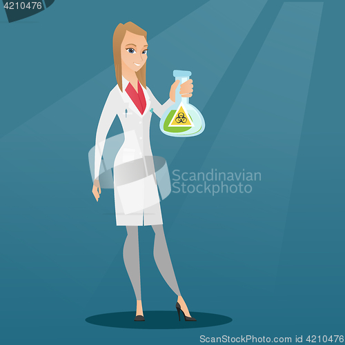 Image of Scientist holding flask with biohazard sign.