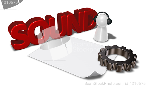 Image of sound tag, gear wheel and pawn with headphones - 3d rendering