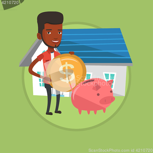 Image of Man puts money into piggy bank for buying house.