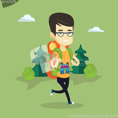 Image of Man with backpack hiking vector illustration.