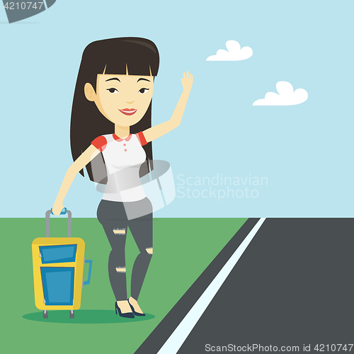 Image of Young woman hitchhiking vector illustration.