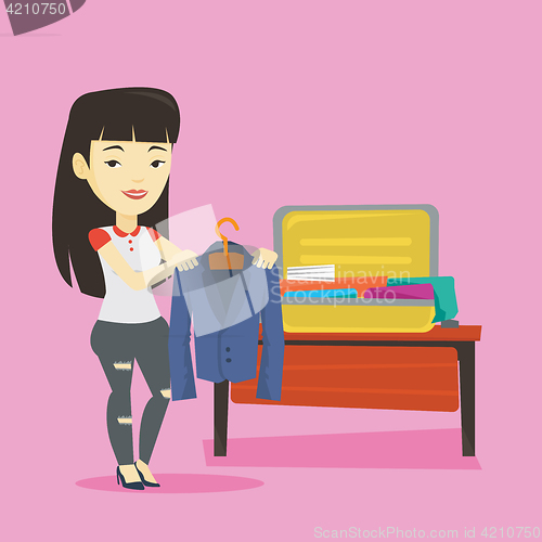 Image of Young woman packing suitcase vector illustration