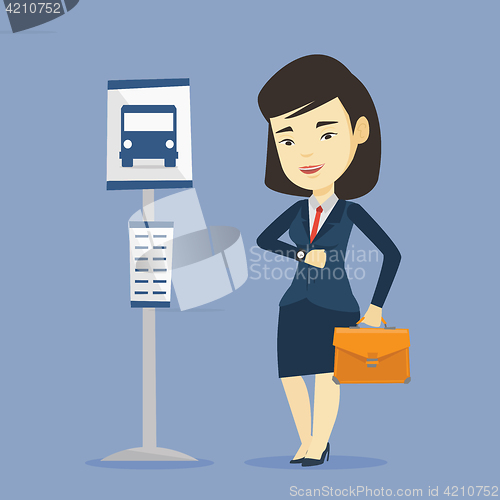 Image of Woman waiting at the bus stop vector illustration.