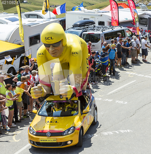 Image of Yellow LCL Cyclist Mascot in Alps - Tour de France 2015
