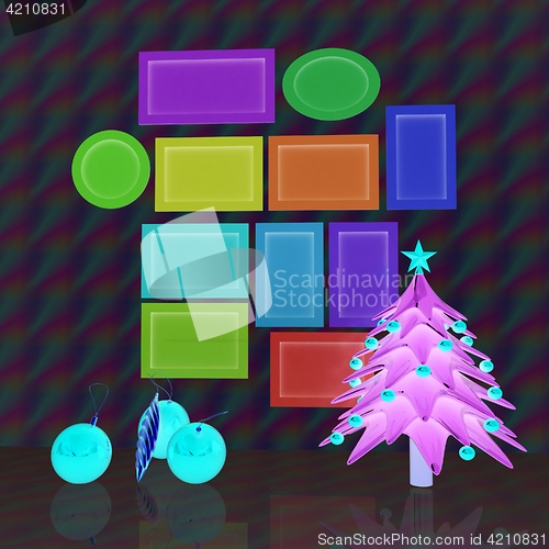 Image of Set of Christmas and New Year frames and Christmas tree. 3D rend