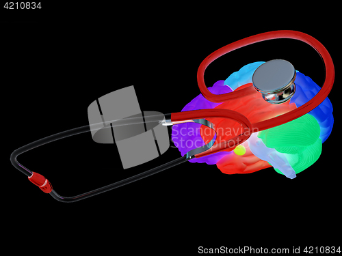 Image of stethoscope and brain. 3d illustration