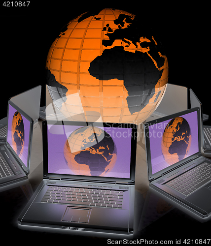 Image of internet, global network, computers around globe. 3d render