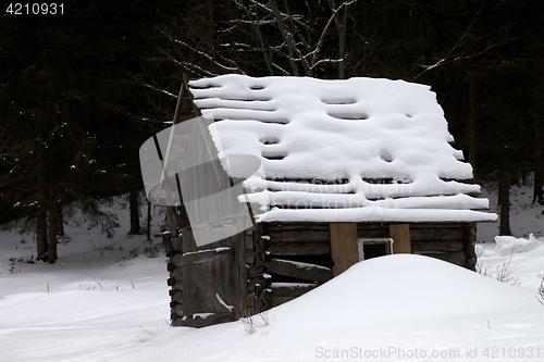 Image of Old wooden hut covered with new-fallen snow in winter forest at 