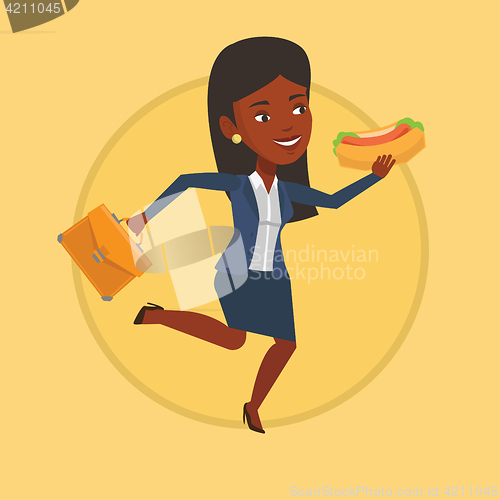 Image of Business woman eating hot dog vector illustration.