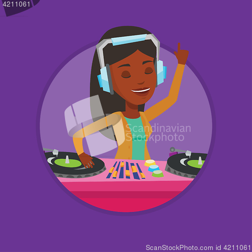 Image of DJ mixing music on turntables vector illustration.