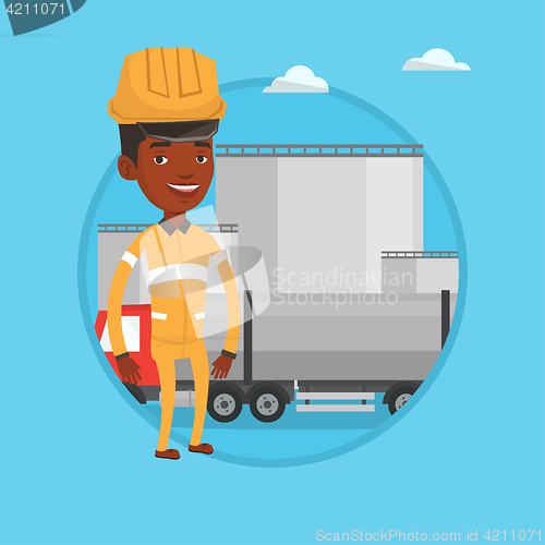 Image of Worker on background of fuel truck and oil plant.