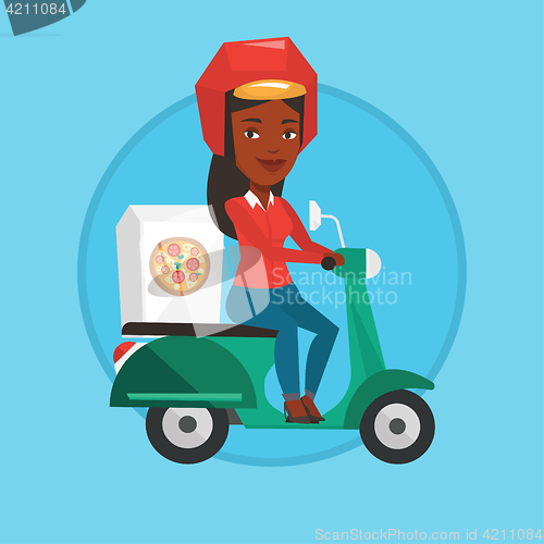 Image of Woman delivering pizza on scooter.