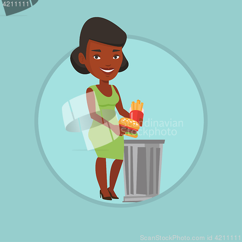 Image of Woman throwing junk food vector illustration.