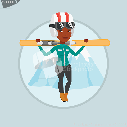 Image of Woman holding skis vector illustration.