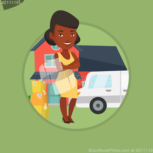 Image of Woman moving to house vector illustration.