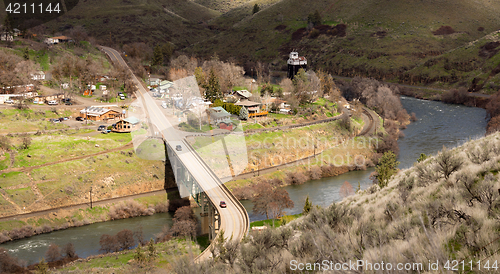 Image of Maupin Oregon Downtown Aerial View Deschutes River Highway 197