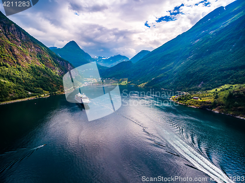 Image of Geiranger fjord, Norway aerial photography.