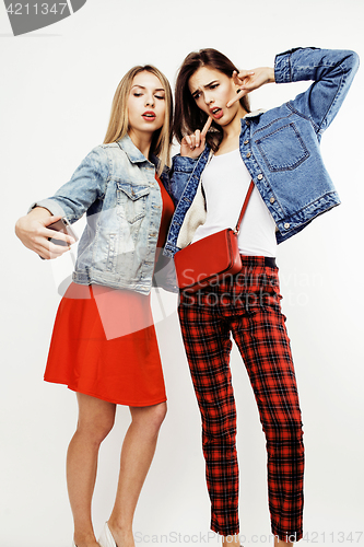 Image of best friends teenage girls together having fun, posing emotional on white background, besties happy smiling, lifestyle people concept