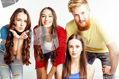 Image of company of hipster guys, bearded red hair boy and girls students having fun together friends, diverse fashion style, lifestyle people concept isolated on white background