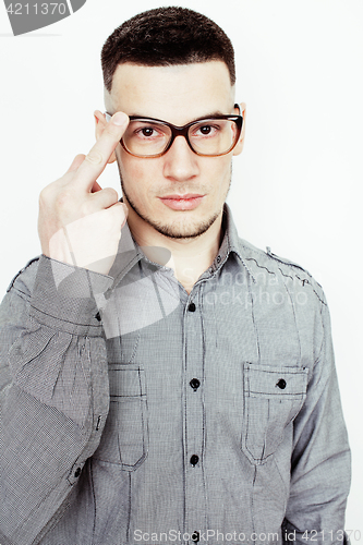 Image of young handsome well-groomed guy posing emotional on white background, lifestyle people concept