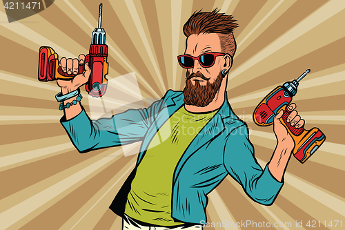 Image of hipster repairman with a drill