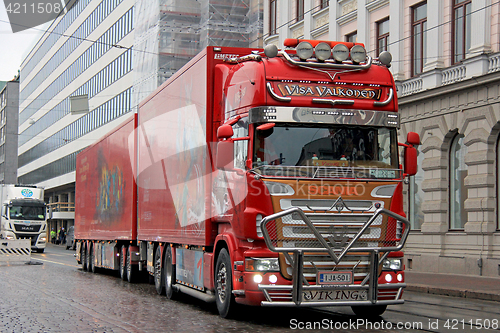 Image of Red Scania Cargo Truck of Visa Valkonen on Street