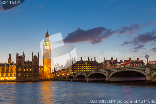 Image of Big Ben and Westminster at dusk, London, UK.