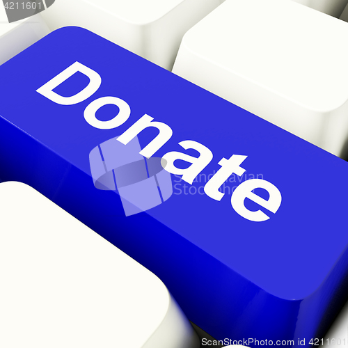 Image of Donate Computer Key In Blue Showing Charity And Fundraising