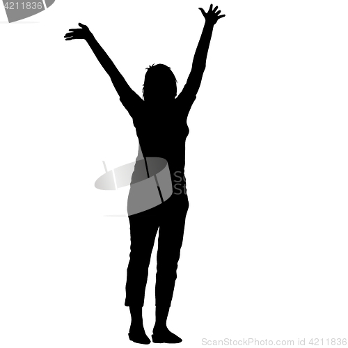 Image of Black silhouettes woman lifted his hands on white background. illustration