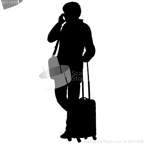 Image of Black silhouettes travelers with suitcases on white background.