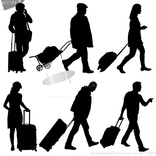 Image of Black silhouettes travelers with suitcases on white background.