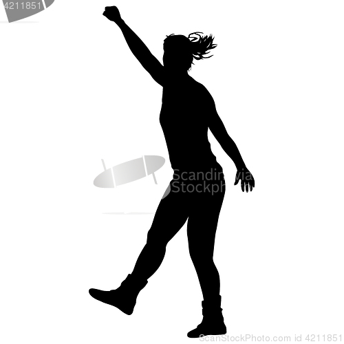 Image of Black silhouettes of beautiful woman with arm raised. illustration