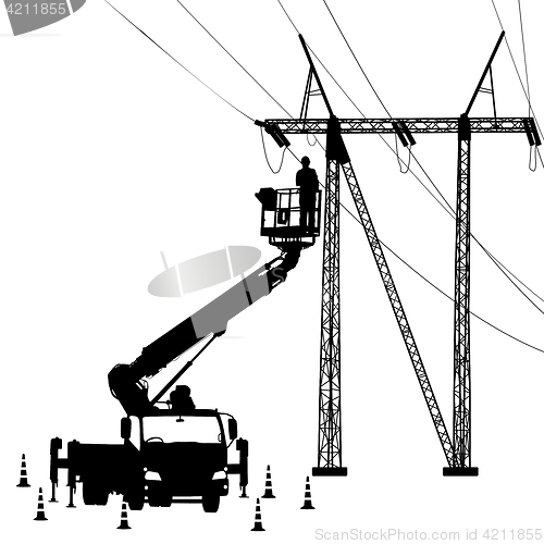 Image of Electrician, making repairs at a power pole. illustration