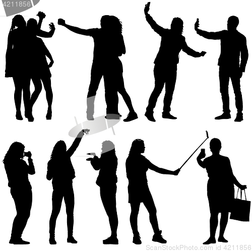 Image of Set silhouettes man and woman taking selfie with smartphone on white background. illustration