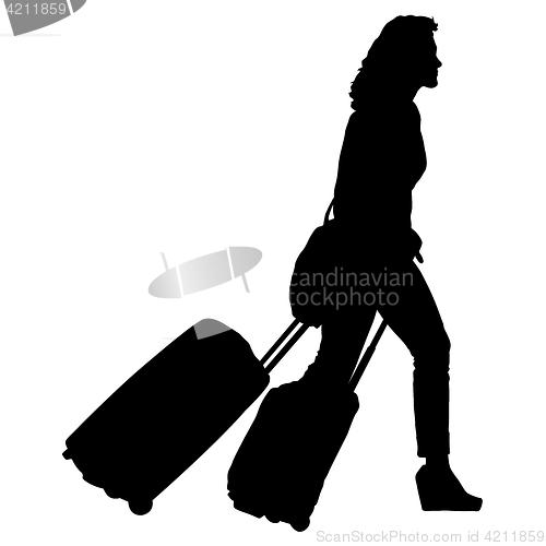 Image of Black silhouettes travelers with suitcases on white background.