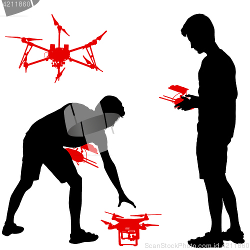 Image of Black silhouette of a man operates unmanned quadcopter illustration