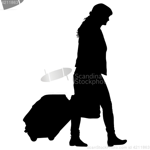 Image of Black silhouettes travelers with suitcases on white background.